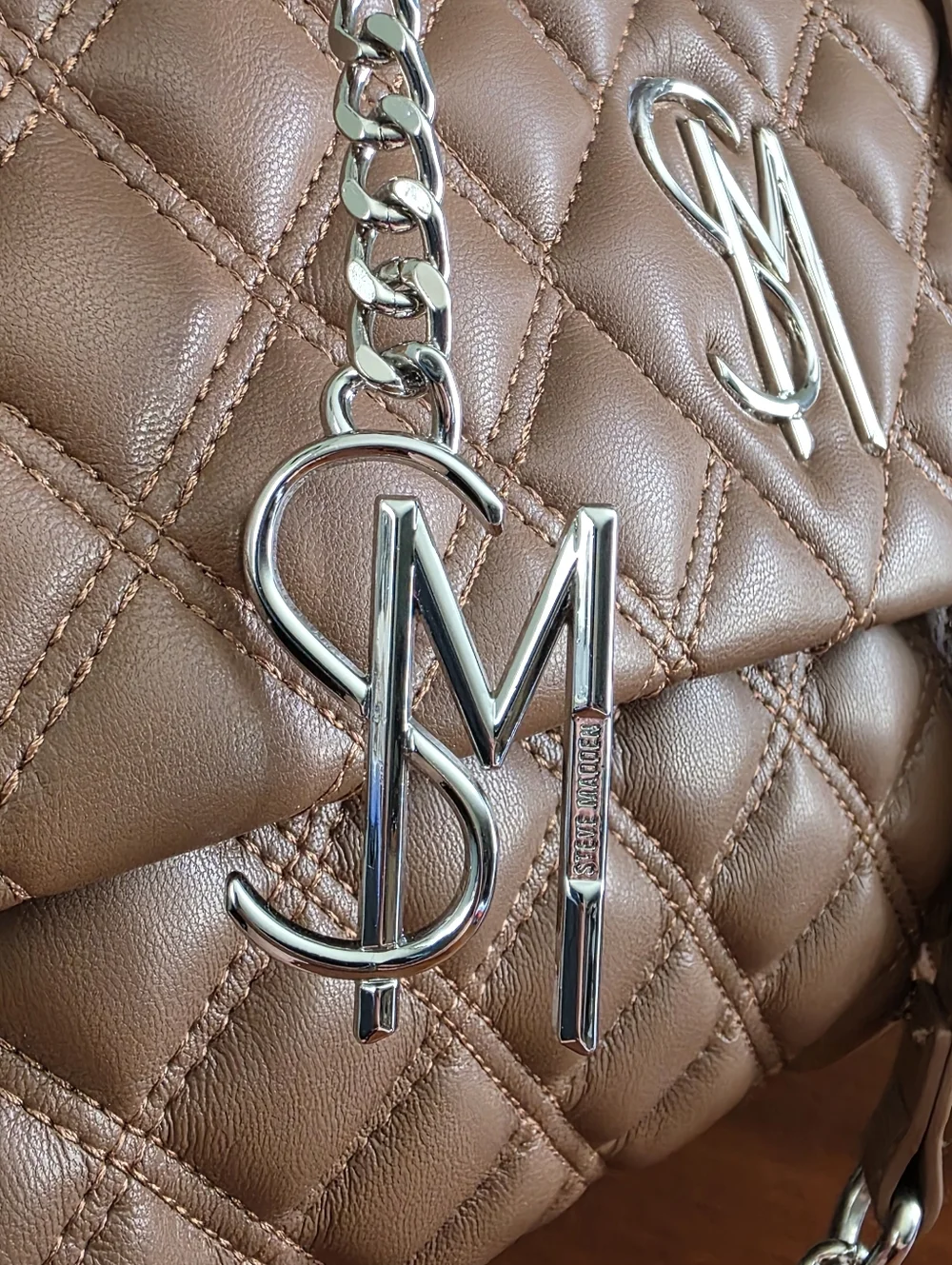 Steve Madden Quilted Chain Flap Crossbody Shoulder Bag Camel Taupe